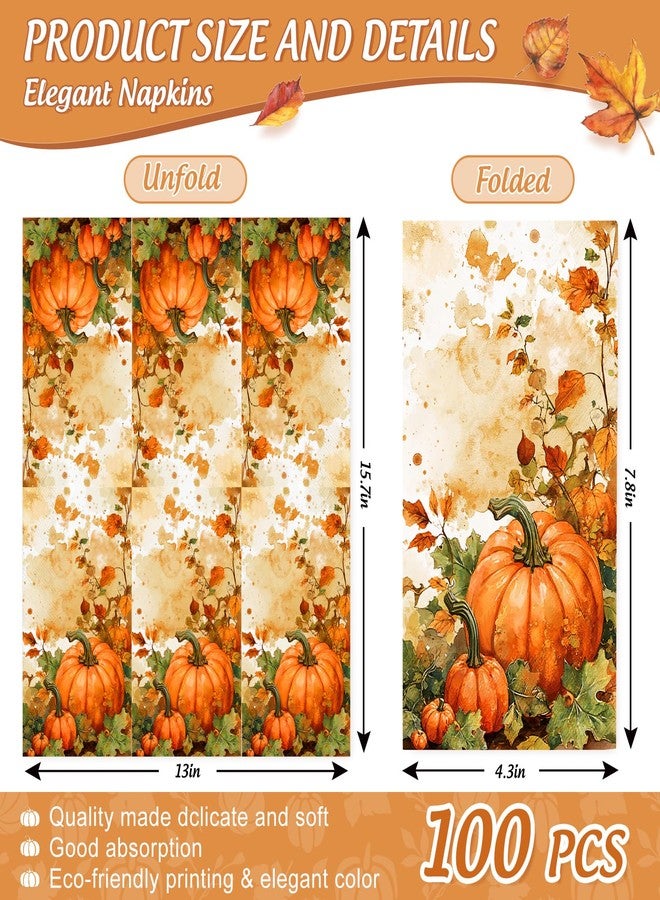 JarThenaAMCS 100 Pcs Fall Thanksgiving Paper Napkins Vintage Watercolor Pumpkins Disposable Guest Napkins for Autumn Harvest Dinner Holiday Party Bathroom Kitchen Home Table Decoration - Image 2